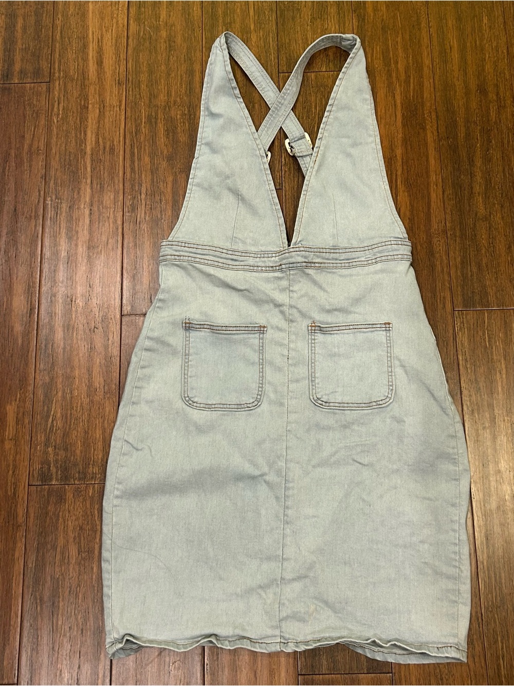 Polagram light-wash denim overall mini dress adjustable crisscross straps sz La